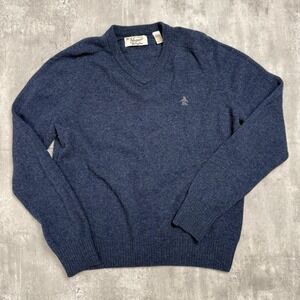 Original Penguin Munsingwear Mens Navy Blue V-Neck Sweater Size Large Logo Knit